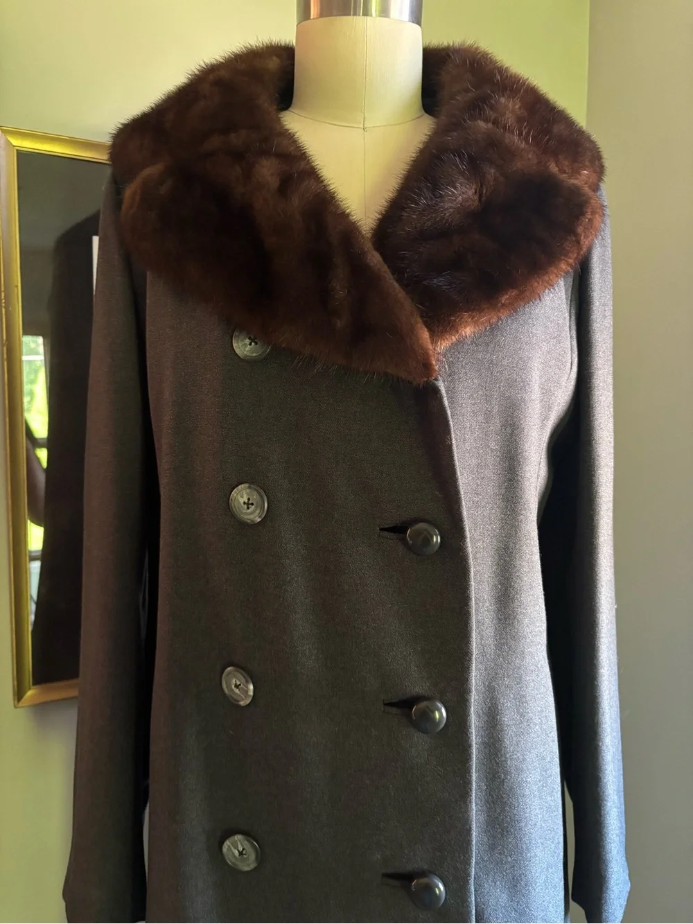 Women's Grey Wool Coat with Fur Collar
